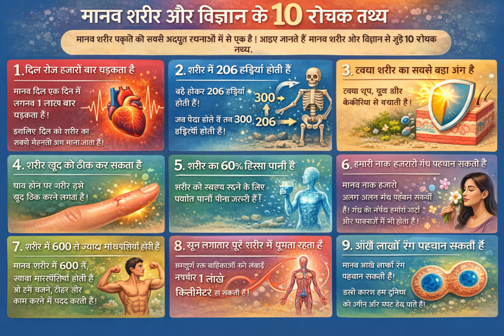 🧬 मानव शरीर और विज्ञान के 10 रोचक तथ्य